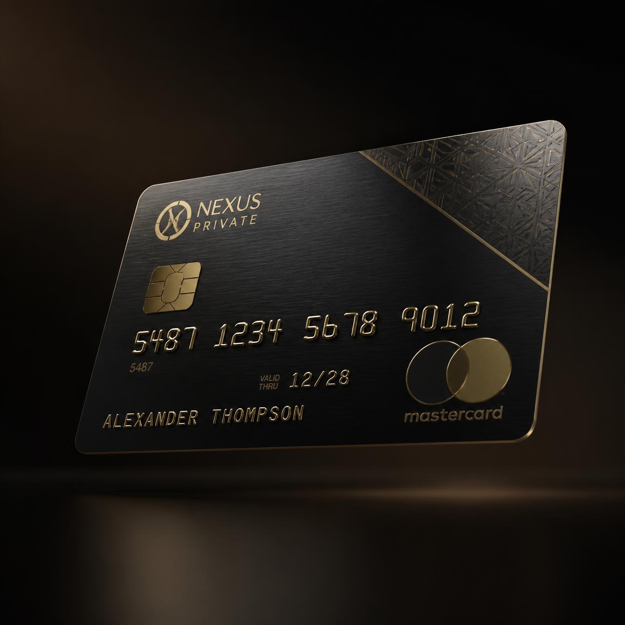 Cartão Nexus metálico preto com detalhes em ouro